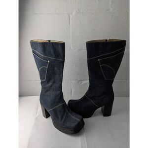 Ellemenno Y2K Chunky Platform Bratz Denim Boot Square Toe Heels Women Patch Pock